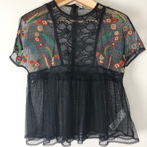 SOLD NEW Zara Black Lace Floral Top Shirt Small - Picture 3 of 8